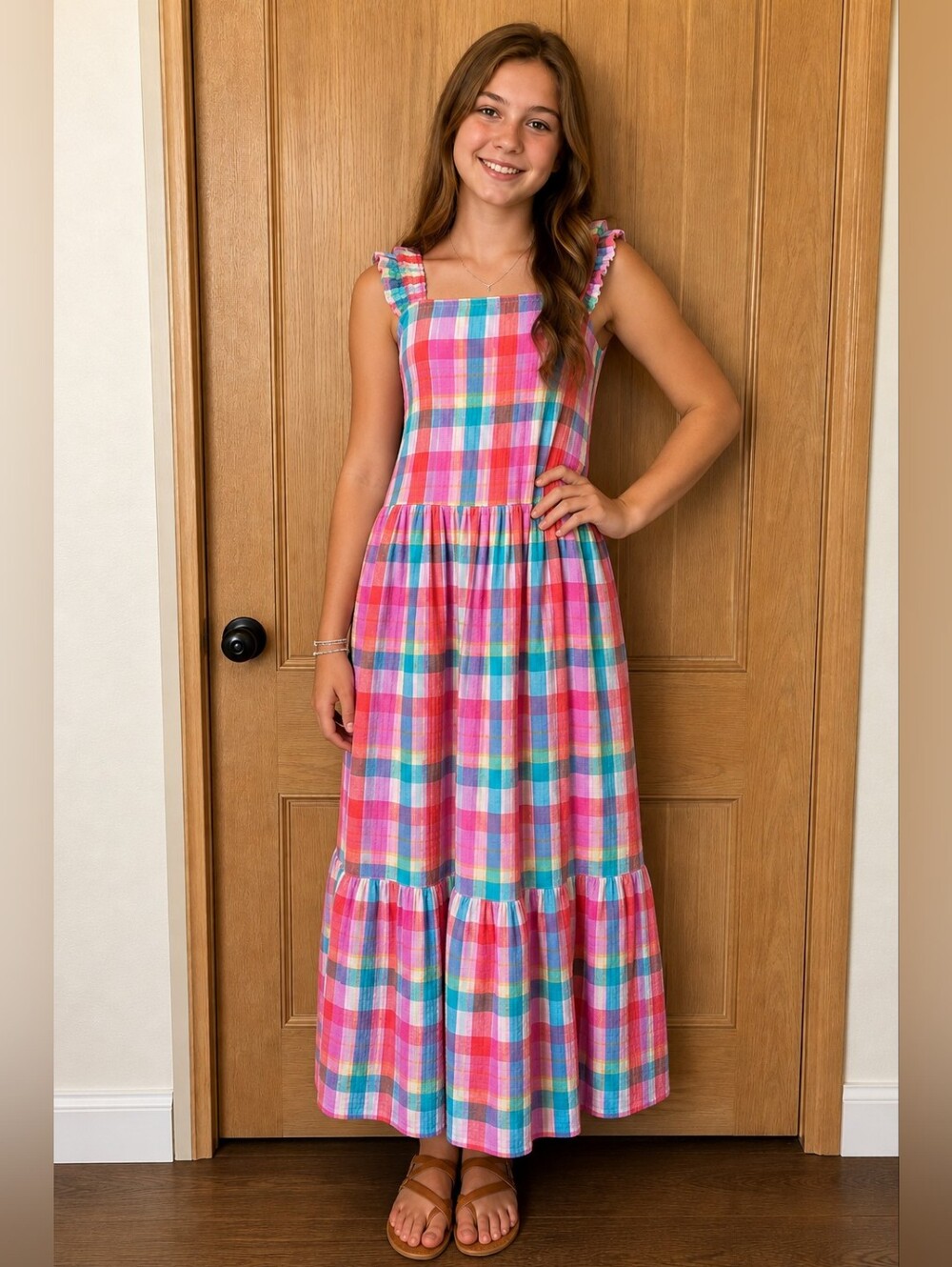 Girls Multi-Color Plaid Maxi Dress with Ruffle Straps -16/18